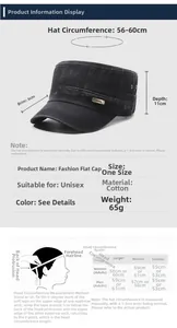 Size chart for military style flat cap with 56-60cm circumference and measuring guide