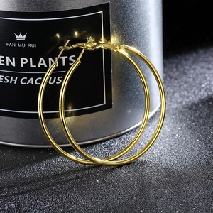 Detailed close-up of shiny gold hoop earrings with mirror-polished surface and pin closure