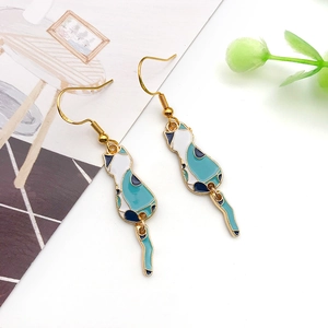 Cute enamel cat pendant earrings with blue-white design and 925 silver hooks