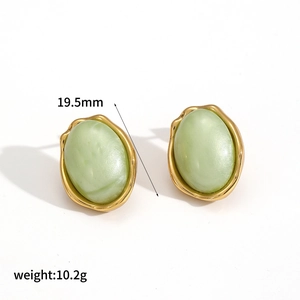 Minimalist oval stainless steel earrings with green gemstone in gold plated vintage style