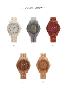 Multiple styles of fashion wood grain watches showing five color variations from A1 to A5