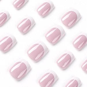 Short square purple French press-on nails with white tips and soft pink base set