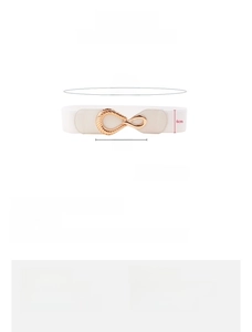 Size chart showing 6cm wide white elastic waist belt with golden geometric buckle specs