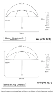 Detailed size specification chart for automatic polka dot folding umbrella showing dimensions