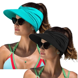 Women Empty Top Sun Visor Hat Pleated Knitted Nylon Foldable Wide Brim UV Protection Outdoor Sports Beach Travel