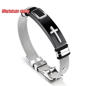 Adjustable stainless steel mesh bracelet with black plate and silver cross relief