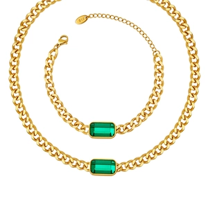 Golden Cuban link jewelry set with rectangular green stone and K18 engraving