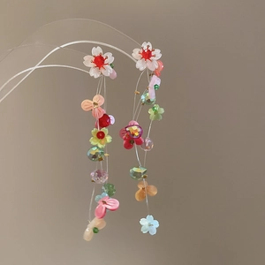 Colorful beaded tassel flower earrings with white petals and vibrant resin beads