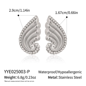Detail showing dimensions of silver wing earrings in waterproof stainless steel