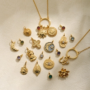 18K gold DIY pendant necklace set with birthstones, cross, and celestial charms