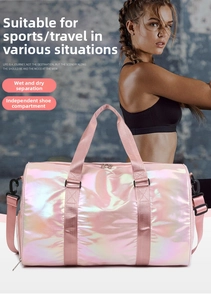 Detail showing the dry-wet separation pocket and independent shoe compartment of the travel bag