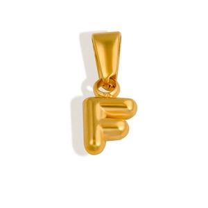 Macro detail of 18K gold-plated stainless steel letter F bubble pendant charm