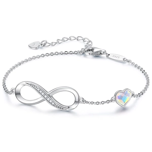 Detailed view of S925 sterling silver infinity bracelet with crystal heart and lobster clasp