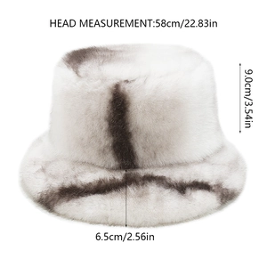 Detailed size chart for faux fur bucket hat with marble pattern dimensions and fit
