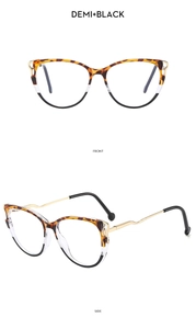 Front and side views of demi and black cat-eye TR90 frames with gold metal temples
