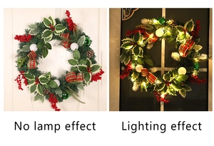 Detail of 50cm Christmas wreath with LED lights showing lit and unlit effects side-by-side