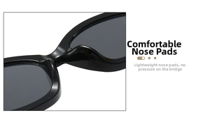 Close-up of comfortable integrated nose pads on black cat-eye sunglasses frames