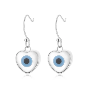 Silver heart earrings with shell inlay and blue evil eye design for women
