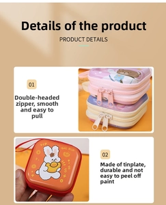 Detail view of rectangular tinplate coin purse featuring cartoon rabbit and astronaut bear