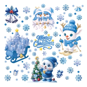 Blue Christmas window clings with Santa, reindeer, and snowflakes for glass decoration