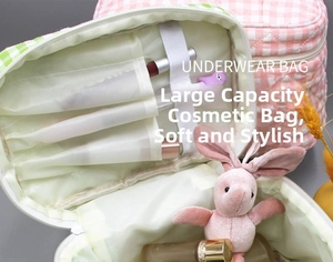 Detail showing the inner compartments of a checkered makeup bag with brush slots