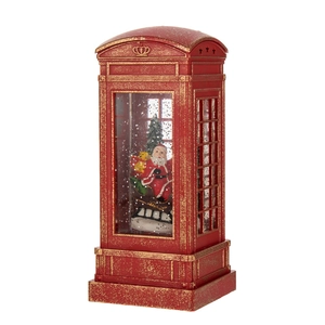 Vintage red Christmas telephone booth lantern with Santa Claus scene and glitter snow