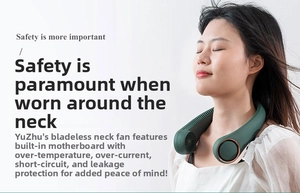 Detail of bladeless neck fan in dark green with ergonomic U-shaped design on a model