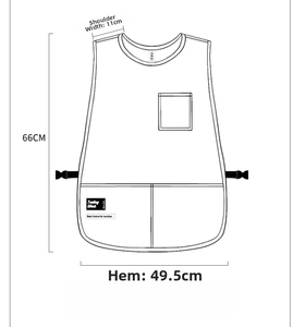 Detailed size chart for waterproof kids apron with precise measurements and pocket layout