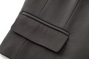 Gros plan d'une poche à rabat sur un blazer noir montrant la texture du tissu tissé