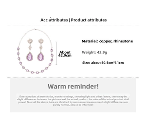 Macro detail of purple teardrop crystal necklace and earrings set with copper base
