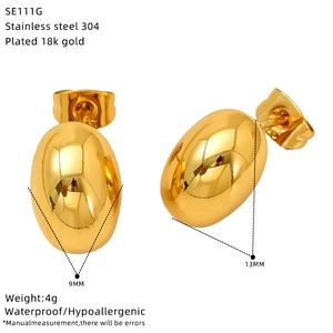 Detail view of 18k gold plated oval stainless steel earrings with size specifications