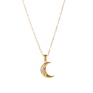Collier en acier inoxydable plaqué or 18K avec pendentif lune et trois oxydes de zircone