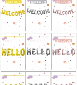 Detail of 16-inch HELLO and WELCOME foil balloon sets in gold, silver and rose gold