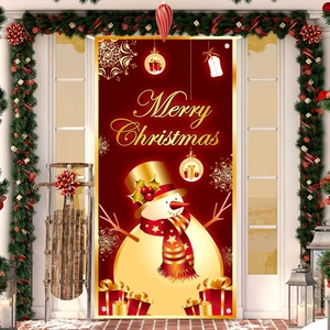 Red Christmas porch banner with gold snowman print and festive holiday decorations