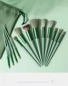 Detail of 13 gradient green makeup brushes with soft bristles and drawstring storage bag