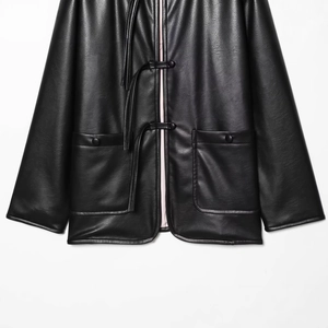 Women's minimalist black leather jacket with Chinese frog buttons and large pockets