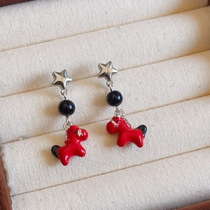 New Chinese style horse drop earrings with red enamel and silver needles for women