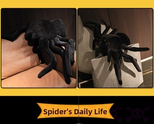 Realistic black spider plush toy displayed as a modern home decor on a leather sofa