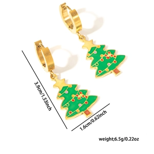 Detailed view of green Christmas tree earrings with dimensions 3.9cm by 1.6cm