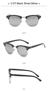 Drei Ansichten der Halbrand-Sonnenbrille Modell C.07 in Schwarz-Silber mit Silbergläsern