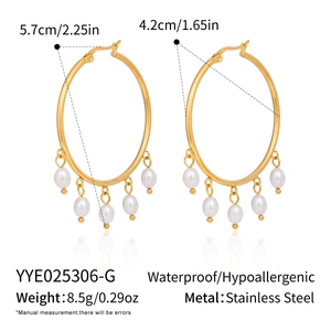 Detail view of gold stainless steel hoop earrings with pearls and dimension measurements