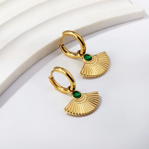 18k gold plated stainless steel fan earrings with green gemstone on wave display