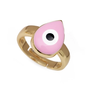 Adjustable gold plated ring with pink enamel teardrop and micro-set evil eye motif