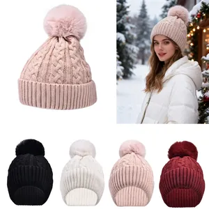 Winter Warm Cable Knit Beanie Hat With Faux Fur Pom-Pom 100% Acrylic Solid Color Ribbed Cuff For Outdoor Cold Weather