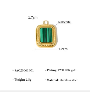 Detail view of 18K gold plated stainless steel square pendant with green malachite stone