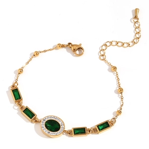 Elegant 18K gold-plated stainless steel bracelet with green stones and white pavé crystals