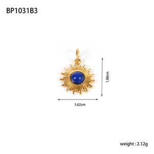 Detailed specs of sun pendant in gold finish with blue stone and size measurements