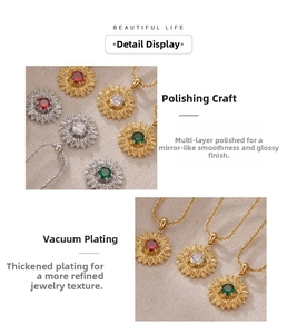 Detail of sunflower pendant necklace with colorful gems and vacuum plated gold finish