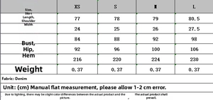 Detailed size chart for denim mini dress including bust, hip, and length measurements