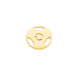 Detailed close-up of golden hollowed barbell sports pendant with mirror finish and cutout design
